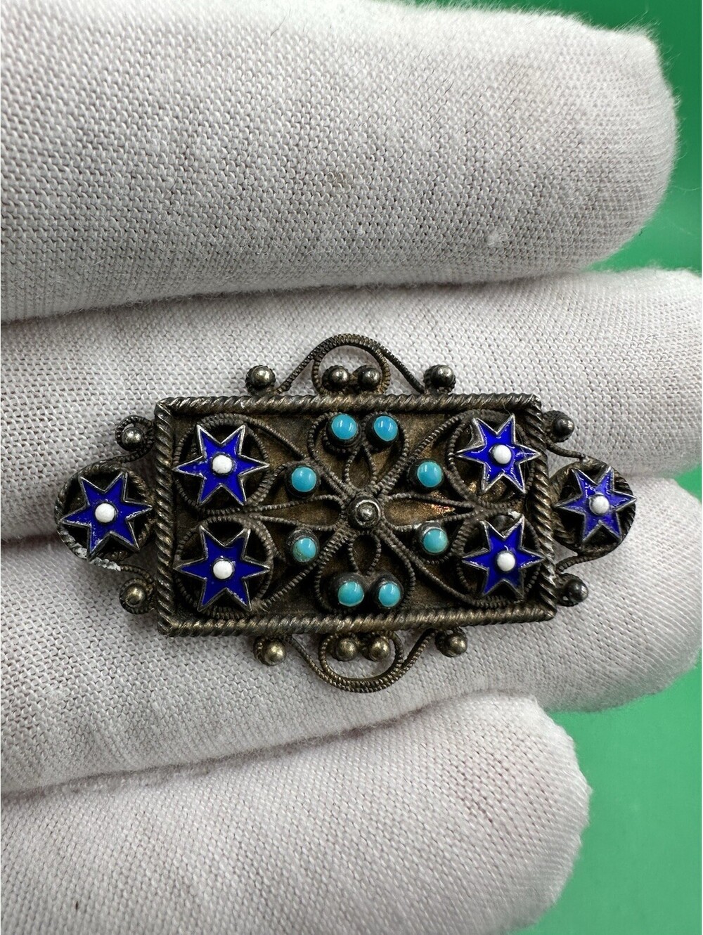 Antique Vintage Rare 830 SILVER Enamel CLOISONNÉ PIN BROOCH Blue Signed/Broken